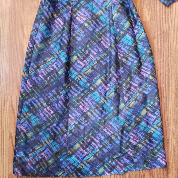 Vintage Wiggle Dress Sz 16 Belted Pin Up Brutalist Peacock Blue Jeweled Collar - Picture 15 of 16